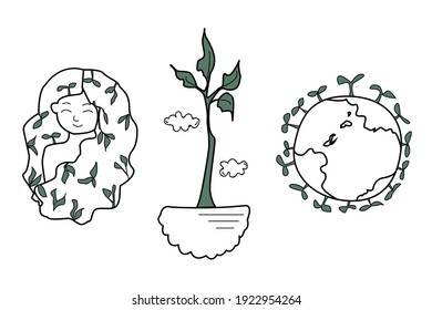 Icons on the theme of planet Earth, ecology, green plants, mother nature, landscaping, forest conservation. Eco line icons. Vector illustration.