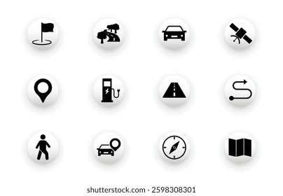 Icons on the theme of roads, cars, charging stations, locations, maps. Solid vector icon set.