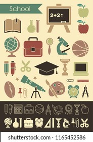 Icons on the theme of school and education. Collection of flat and linear icons