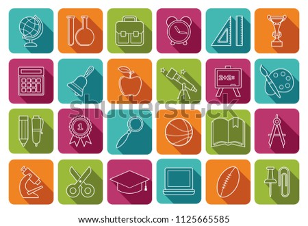 Icons on the theme of school and education. multicolored buttons with shadow