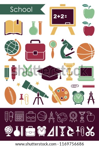 Icons on the theme of school and education. Collection of flat and linear icons