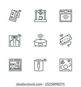 Icons on the theme of smart home and smart devices with remote control: coffee machine, stove, vacuum cleaner, extension cord,
dishwasher, smart humidifier and mirror