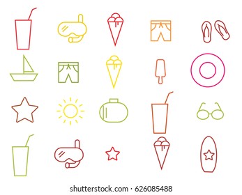 icons on a theme of summer and relaxing at sea. Icons shorts, asterisks, swimming mask, ice cream, beach slippers, a glass with a straw, a life ring, ice cream