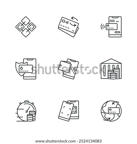 Icons on the theme of transactions: blockchain, credit card payments, contactless phone payments, secure payments, electronic wallet, bank, processing time, scanning, international payments