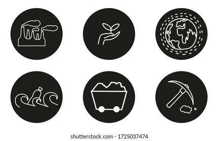 Iconos sobre el tema del medio ambiente en forma de doodle. Bordes blancos con fondo negro redondo. Las imágenes aisladas por vectores son perfectas para su diseño.