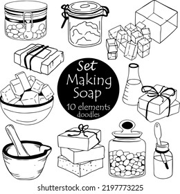 Icons on topic of making soap, creating homemade cosmetics. set of 10 doodle elements, with black line - soap base, jars with pigment, molded soap, olives, decor, pipette, flask.