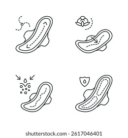 Icons on the topic of women's critical days. Pads that provide air circulation, feature softness and eco-friendly materials, quickly absorb moisture, and ensure reliable protection against leaks