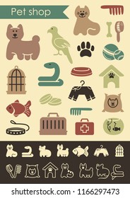 Icons on a veterinary science and care theme house pupils. Flat and linear pet shop illustrations