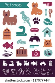 Icons on a veterinary science and care theme house pupils. Flat and linear pet shop illustrations