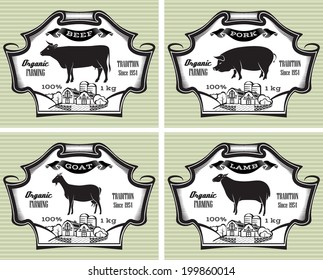 icons on vintage background pig, cow, sheep, goat