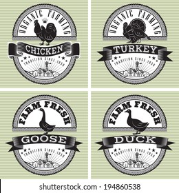 icons on vintage background rooster, turkey, goose, duck