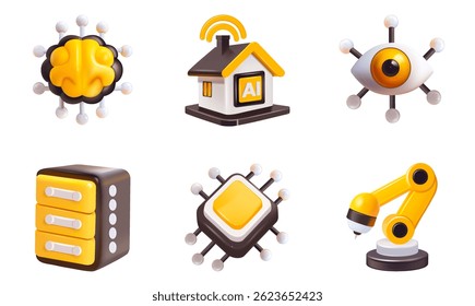 Icons on white for artificial intelligence concept robotic arm, smart home , chip, database, brain, eye search.