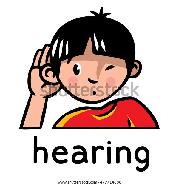 五感の1つのアイコン 聴覚 耳をふくらませ 耳を傾ける赤いtシャツを着た少年の子どものベクターイラスト のベクター画像素材 ロイヤリティフリー