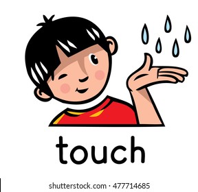 Icons of one of five senses - touch. Children vector illustration of boy in red t-shirt who holds his hand, which falling raindrops