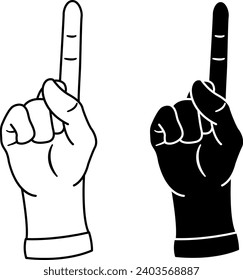 Icons with One Index Finger Raised Up. Black and White Hand Gestures Showing Number One. Vector Illustration for Children Education or Attention Gesture.