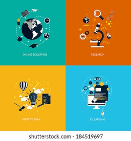 Icons for online education,research,creative idea and e-learning. Flat style. Vector