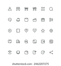 
Iconos para la tienda en línea. Contiene iconos como perfil de usuario, Carrito de compras, servicio de entrega, comentario, búsqueda, notificación, Configuraciones, servicios de ubicación, pedido, escaneo de código de barras, gestión de tiempo