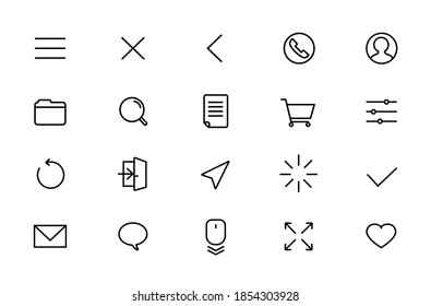 Icons for online store, landing page, selling the site. The set contains such symbols as shopping cart, menu, navigation, scroll down, download, like. Editable line.