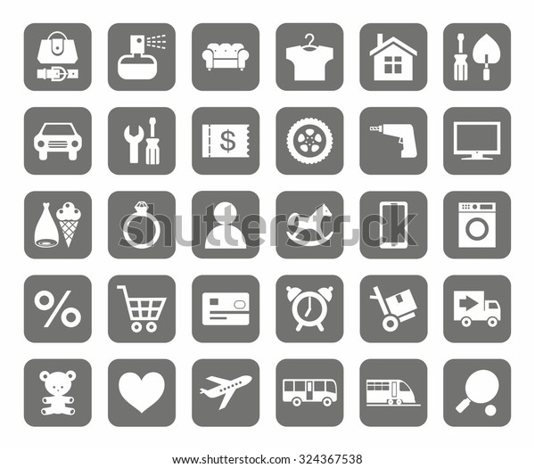 Icons, online store, product categories, monotone, grey\
background.  White icons categories of products for online store on\
gray background.  