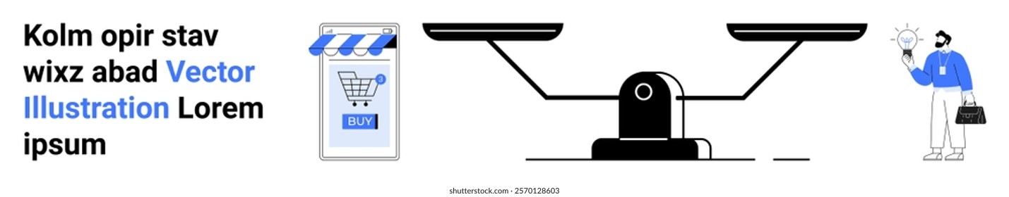 Icons of an online store, scales, and a person with identity hidden. Ideal for e-commerce, online vs traditional shopping, user behavior studies, business strategies, and market analysis themes