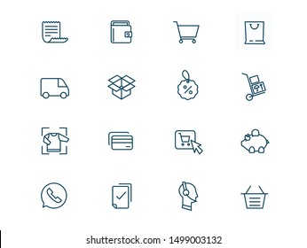 Icons for online store site vector linear set. Elements e-commerce outline symbols pack. Collection of icons for online shopping isolated contour illustrations. Purse. Cart on wheels. Package. Car