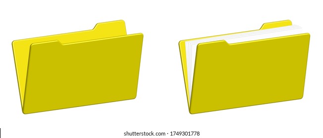 icons of open yellow folders for documents. Empty filled. Remove the paper sheet from the folder. Isolated vector on white background