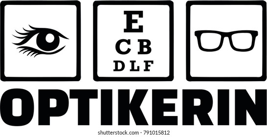 Icons for optician with eye, vision test board and glasses and female german job title