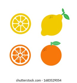 Icons of an orange and lemon. Round food image.