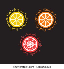 Icons of an orange and lemon with text. Round food image.