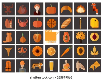 Icons of orange.  Set of flat icons associated with orange color. Icons of food, nature, people and other objects in orange color.