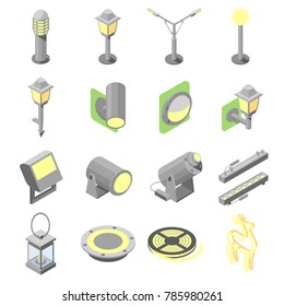 Icons Of Outdoor Lights In Isometric View And Solid Fill On White Background