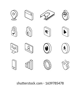Icons in outlined and isometric mode. Suitable as templates for many purposes like infographic, booklet, brochure, flyer, banner, either for print or websites