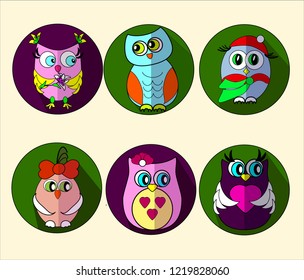 icons of owls with shadows on a round background, illustrations of funny owls, vector icons of cartoon owlets