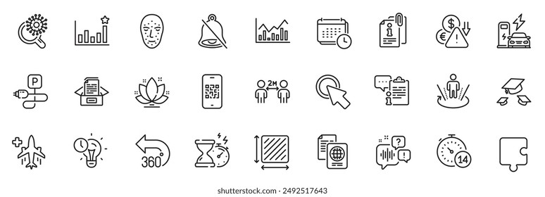 Icons pack as 360 degrees, Augmented reality and Quarantine line icons for app include Coronavirus research, Attached info, Calendar outline thin icon web set. Click here, Square area. Vector