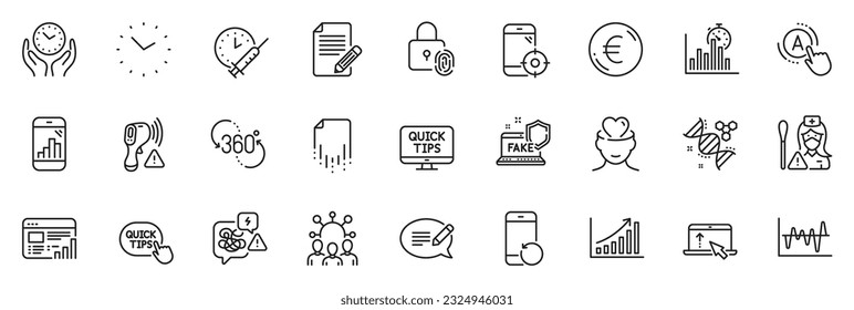 Icons pack as Ab testing, Article and Swipe up line iconos para la aplicación incluyen Euro money, Graph phone, Stress contorno thin icon set. Adn de química, archivo de recuperación, pictograma de internet falso. Vector