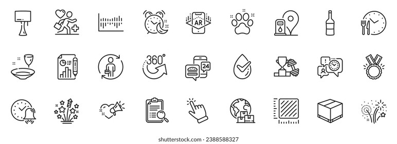 Icons pack as Alarm bell, Food time and Delivery box line icons for app include Augmented reality, Alarm, Petrol station outline thin icon web set. Dermatologically tested. Vector