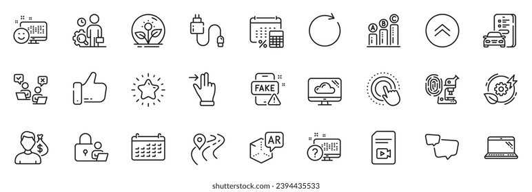 Icons pack as Annual tax, Fingerprint research and Charging cable line icons for app include Green energy, Augmented reality, Online voting outline thin icon web set. Lock, Inspect. Vector