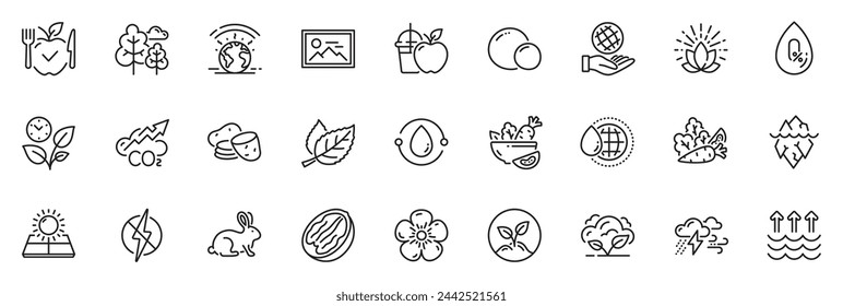 Icons pack as Antistatic, Photo and Cold-pressed oil line icons for app include Natural linen, Leaf, Vegetables outline thin icon web set. Pecan nut, Co2 gas, Potato pictogram. Vector