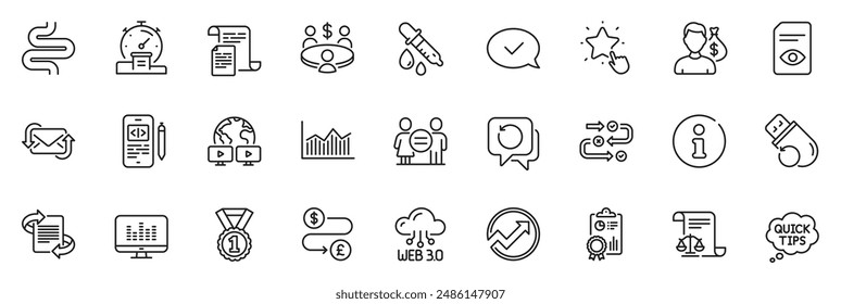 Icons pack as Audit, Salary and Money transfer line icons for app include Best rank, Survey progress, Timer outline thin icon web set. Web3, Phone code, Marketing pictogram. Equality. Vector