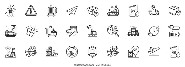 Icons pack as Baggage cart, 48 hours and Inventory line icons for app include Search flight, Warning, Cash transit outline thin icon web set. Plane, Gift, Battery pictogram. Vector