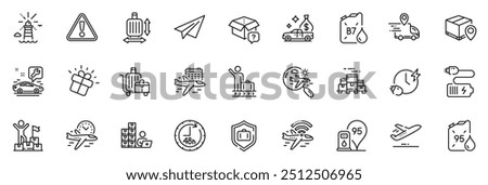 Icons pack as Baggage cart, 48 hours and Inventory line icons for app include Search flight, Warning, Cash transit outline thin icon web set. Plane, Gift, Battery pictogram. Vector