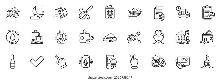 Icons pack as Baggage reclaim, Bitcoin and Night weather line icons for app include Fingerprint, Medical prescription, Voice assistant outline thin icon web set. Victory hand, Puzzle. Vector