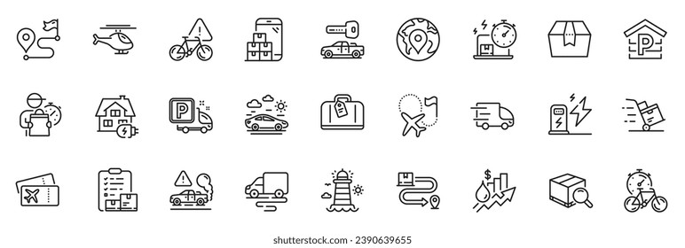 Icons pack as Bike timer, Helicopter and Home charging line icons for app include Delivery cart, Delivery online, Car travel outline thin icon web set. Package box, Charging station. Vector