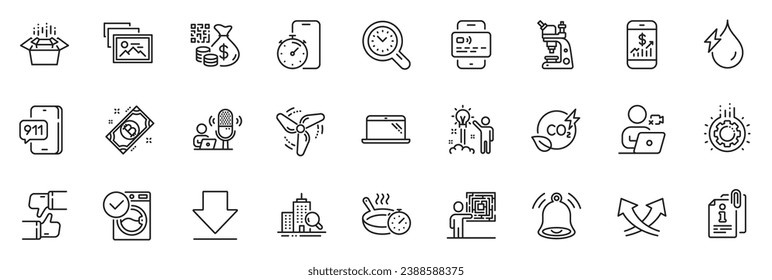 Icons pack as Bitcoin, Photo album and Qr code line icons for app include Microscope, Time management, Attached info outline thin icon web set. Creative idea, Bell alert, Inspect pictogram. Vector