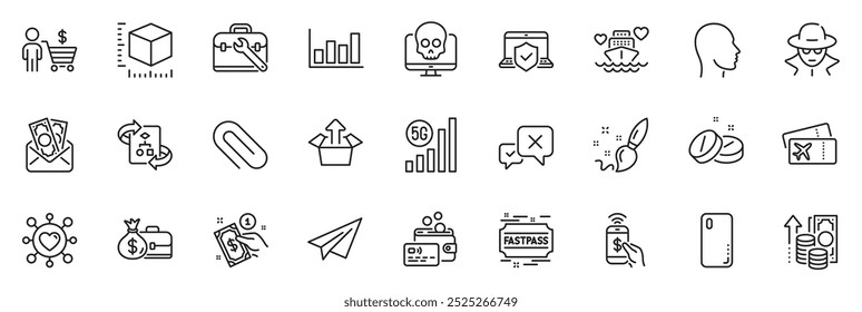 Los íconos del paquete como tarjeta de embarque, Fastpass y línea de soborno para el App incluyen la caja de envío, el plano de papel, el Web delgado del contorno del crucero de la luna de miel. Pincel de pintura, Comprador, Pictograma de seguro para computadora portátil. Vector