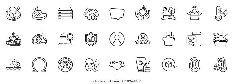 Icons pack as Budget accounting, Fingerprint and Sunscreen line icons for app include Co2, Electricity power, Vitamin outline thin icon web set. Headshot, Human rating, Omega pictogram. Vector