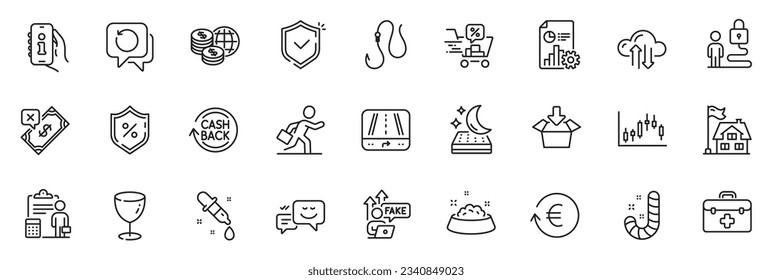 Icons pack as Building, Businessman run and Hook line iconos para la aplicación incluyen Report, First Aid, Rechazado payment framework thin icon set. Sincronización en la nube, porcentaje de préstamo, pictograma de descuento. Vector