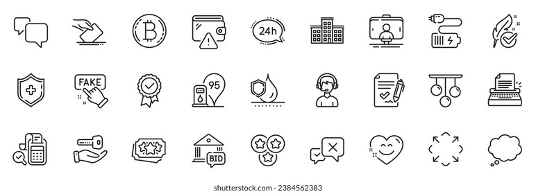 Icons pack as Buying house, 24h service and Wallet line icons for app include Battery, Medical shield, Bid offer outline thin icon web set. Typewriter, Waterproof, Maximize pictogram. Vector