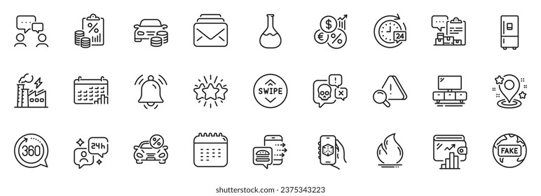 Icons pack as Calendar, 24h delivery and Inventory report line icons for app include Inflation, Chemistry lab, Attention outline thin icon web set. Car leasing, Fire energy. Vector