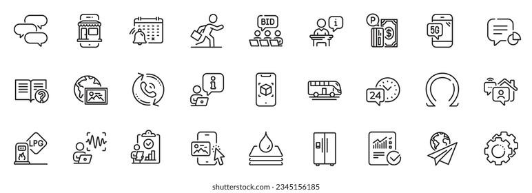 Icons pack as Call center, Talk bubble and Marketplace line icons for app include Refrigerator, Settings gears, Phone image outline thin icon web set. Web photo, Parking payment. Vector